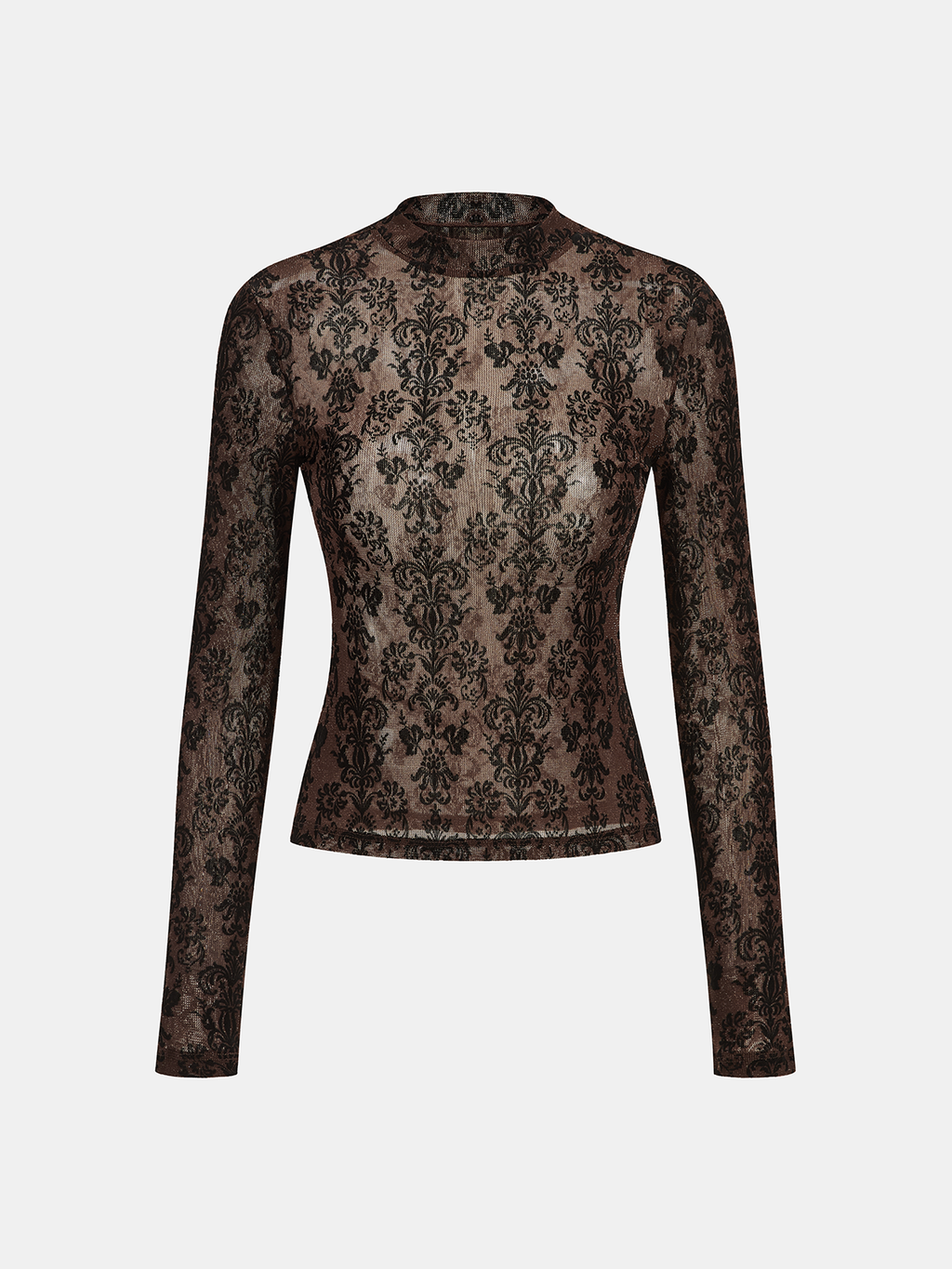 Damask Print Mock Neck T-Shirt Long Sleeve Casual Top