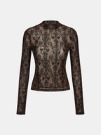Damask Print Mock Neck T-Shirt Long Sleeve Casual Top