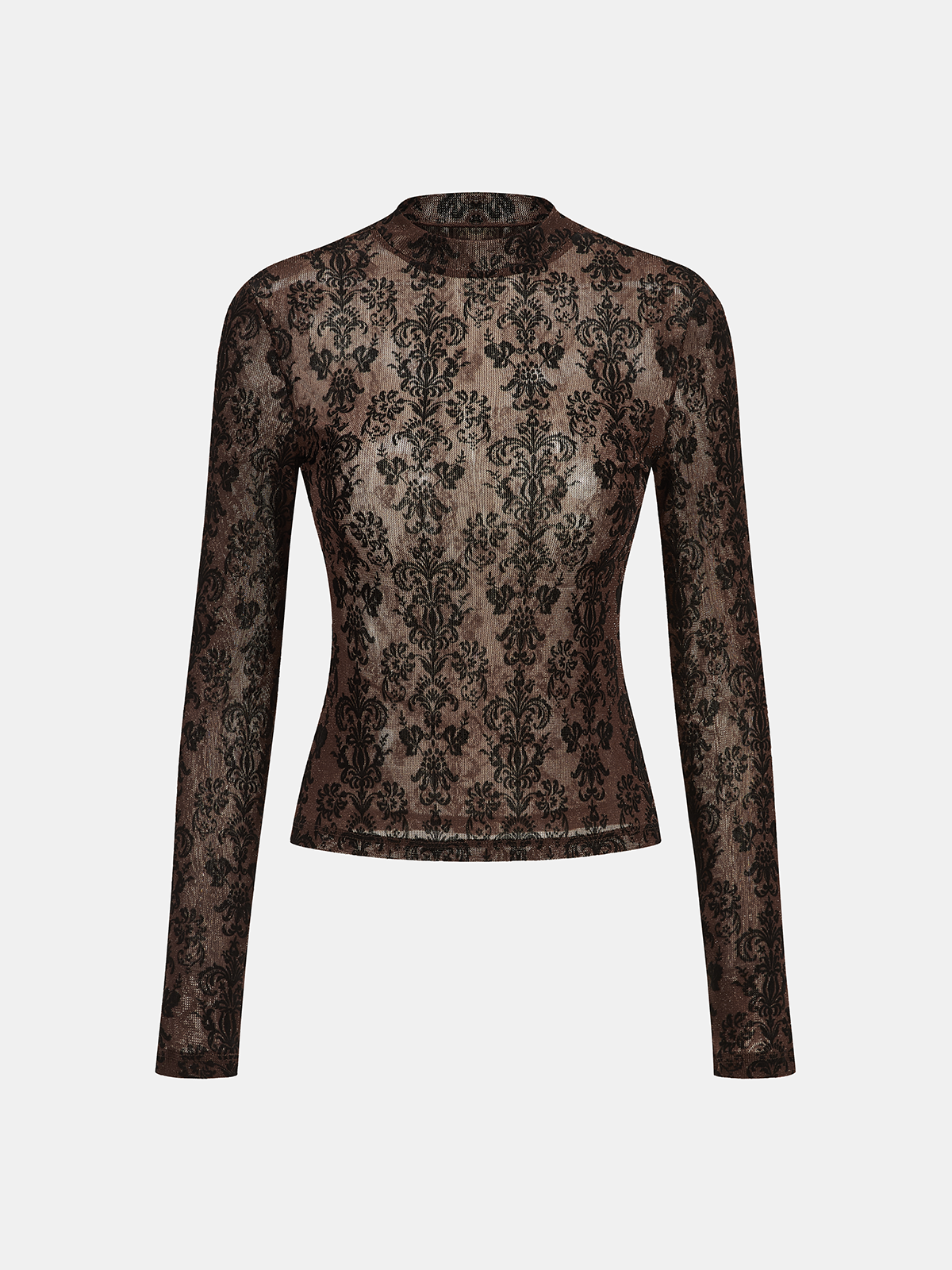 Damask Print Mock Neck T-Shirt Long Sleeve Casual Top
