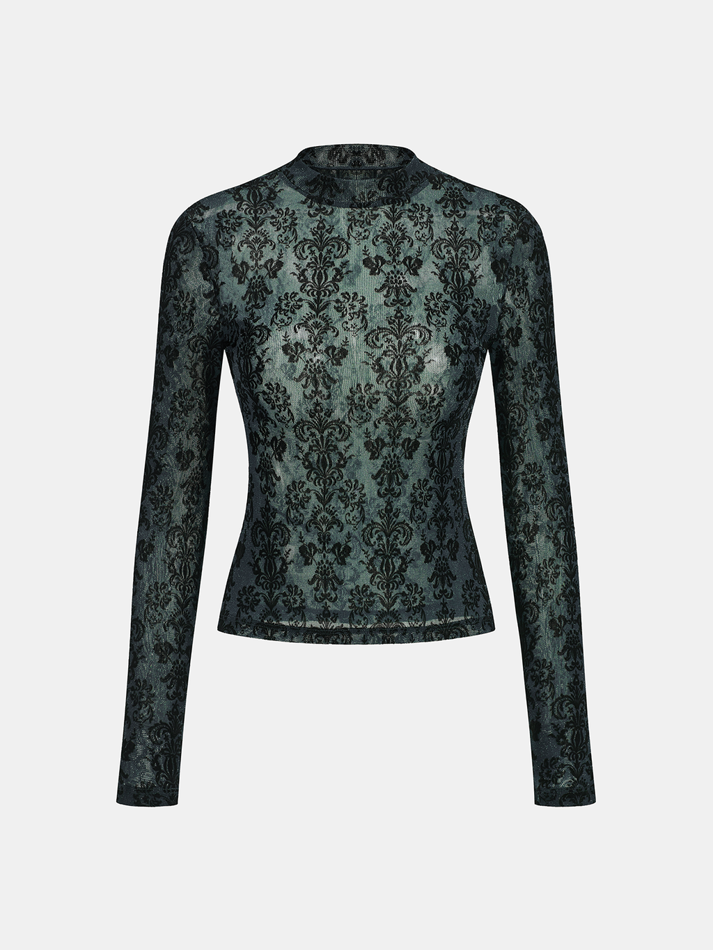 Damask Print Mock Neck T-Shirt Long Sleeve Casual Top