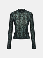 Damask Print Mock Neck T-Shirt Long Sleeve Casual Top