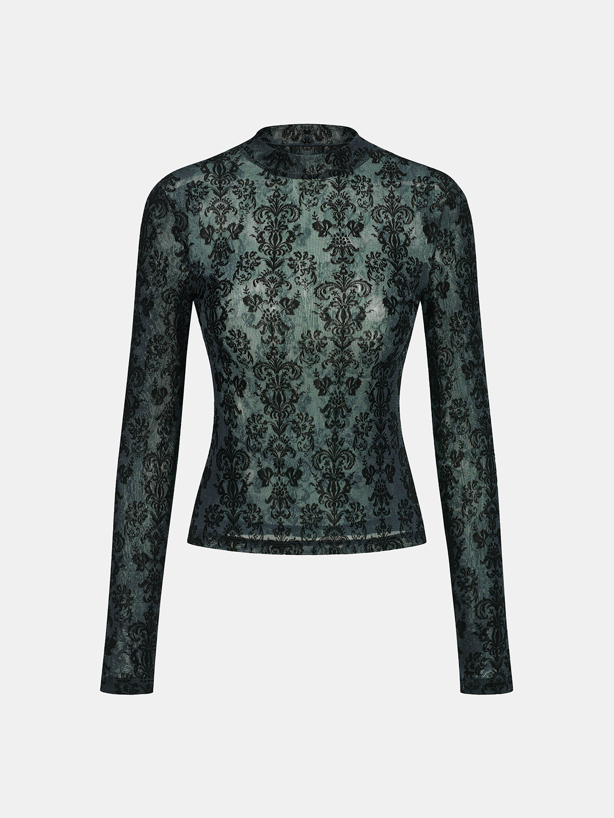 Damask Print Mock Neck T-Shirt Long Sleeve Casual Top