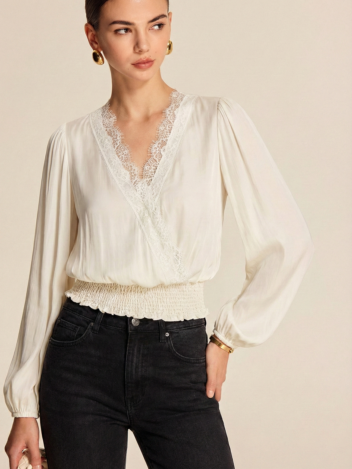 Lace Trim Smocked Waist Long Sleeve Blouse Women's Elegant Casual Top