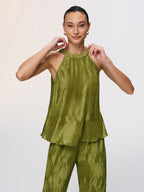 Vertical Pleated Halter Top & Pants Set for Women Elegant Partywear