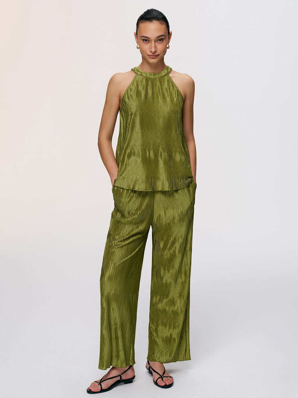 Vertical Pleated Halter Top & Pants Set for Women Elegant Partywear