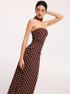 Polka Dot Ruched Scarf Top & Flowy Maxi Skirt Set for Women