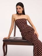 Polka Dot Ruched Scarf Top & Flowy Maxi Skirt Set for Women