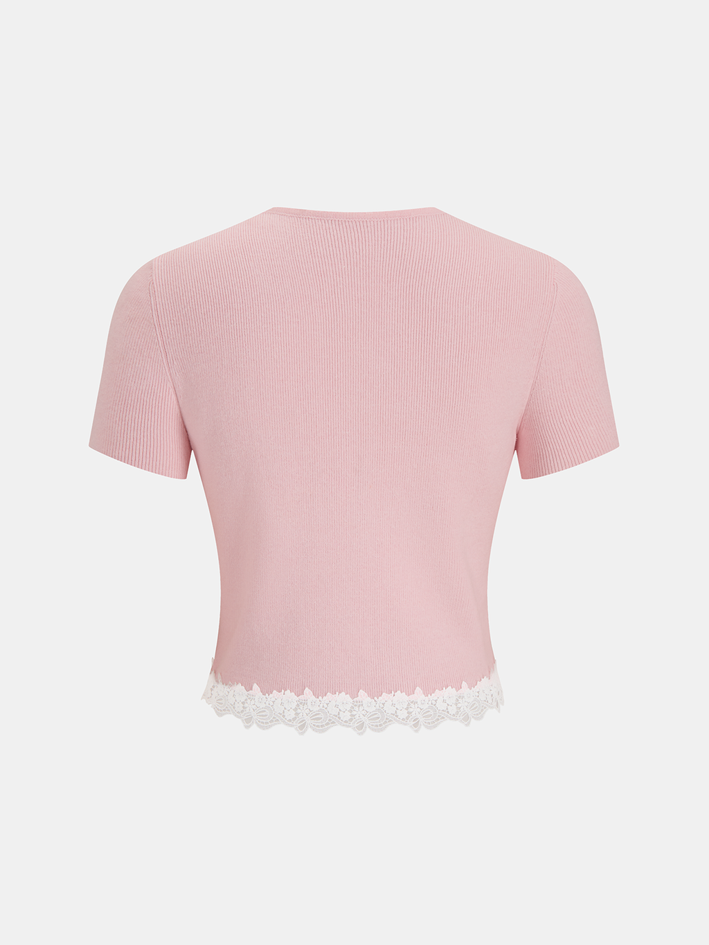 Light pink ribbed short sleeve cardigan with white lace trim along the bottom hem.