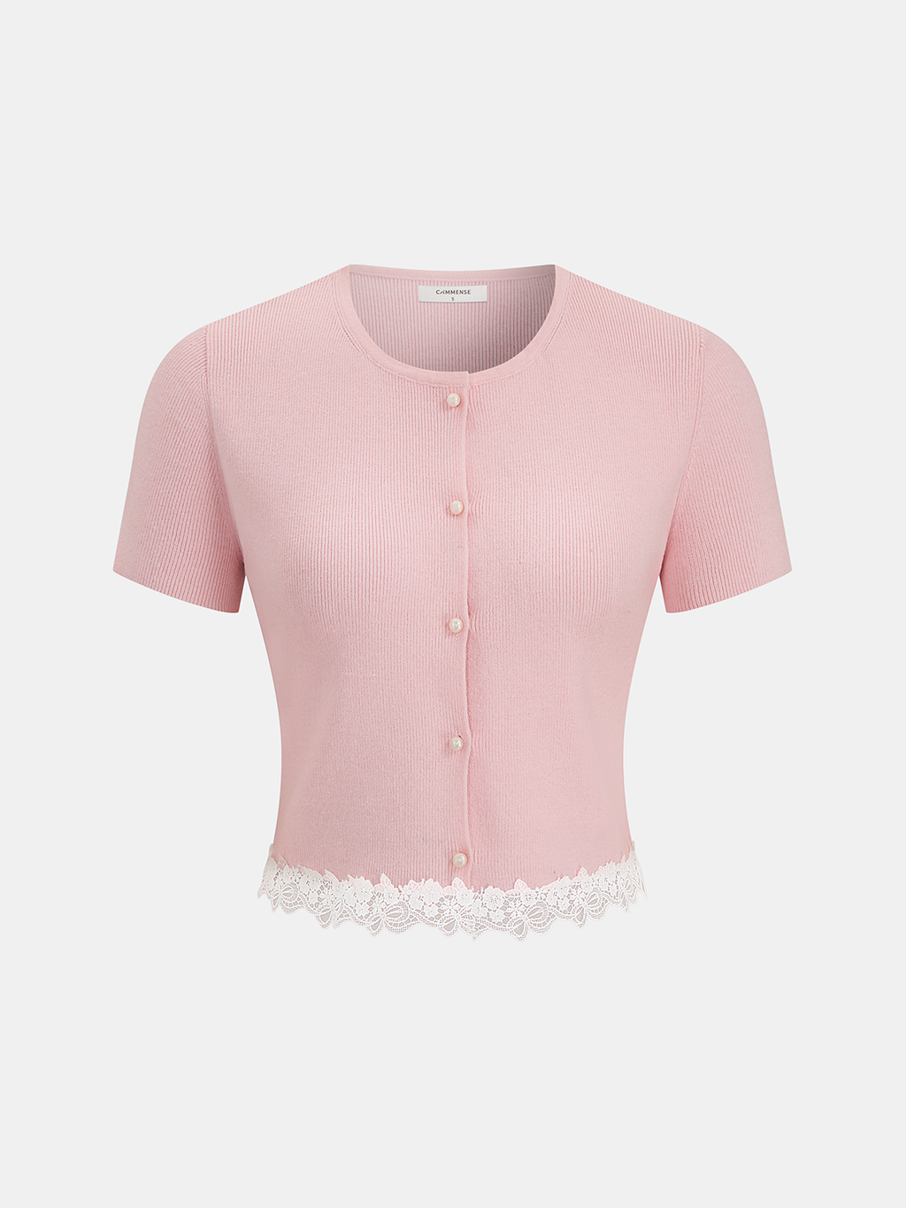 Light pink ribbed short sleeve cardigan with white lace hem and pearl-like buttons.