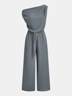 Belted One-Shoulder Draped Jumpsuit Elegant Evening Wear