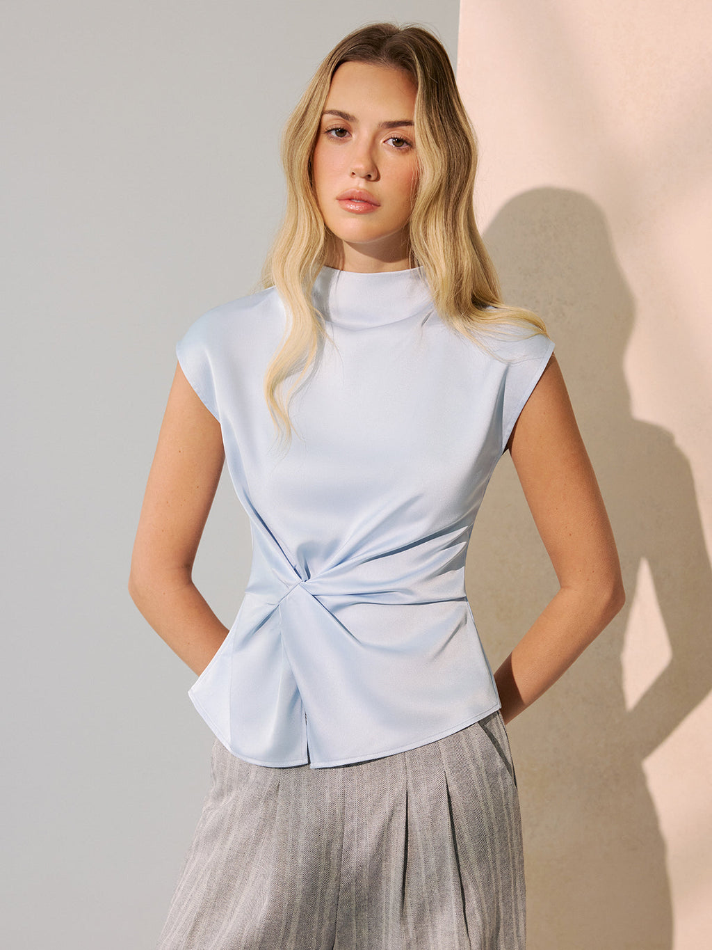 Twist-Front Satin Mock Neck Sleeveless Top for Women Elegant Fit