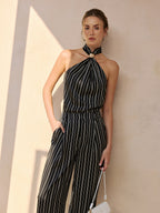 Pinstripe Halter Neck Top & Pants Set for Women Trendy Outfit
