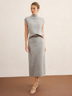 Mock Neck Knit Top & Midi Skirt Set without Belt, Comfortable Women's Fashion Essentials