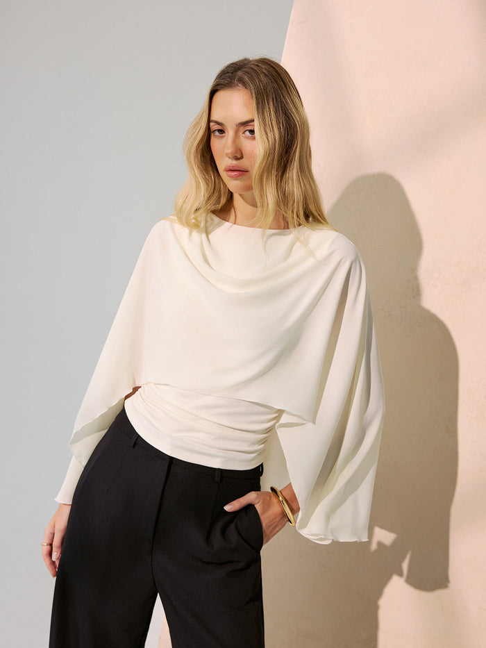 Backless Draped Cape-Sleeve Blouse Women's Elegant Evening Wear