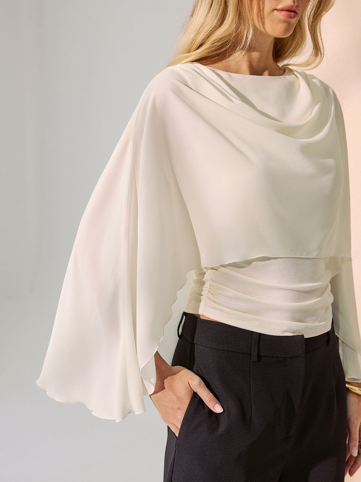 Backless Draped Cape-Sleeve Blouse Women's Elegant Evening Wear