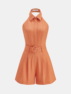Halter Collared Backless Belted Romper with Side Pockets