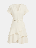 Belted V-Neck Short Sleeve Ruffle Dress with Floral Print Detail
