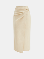 Cotton Linen Ruched Knot Midi Skirt - Women's Casual Summer Wear