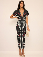 Geometric Print Deep V-Neck Midi Dress with Belt Detail