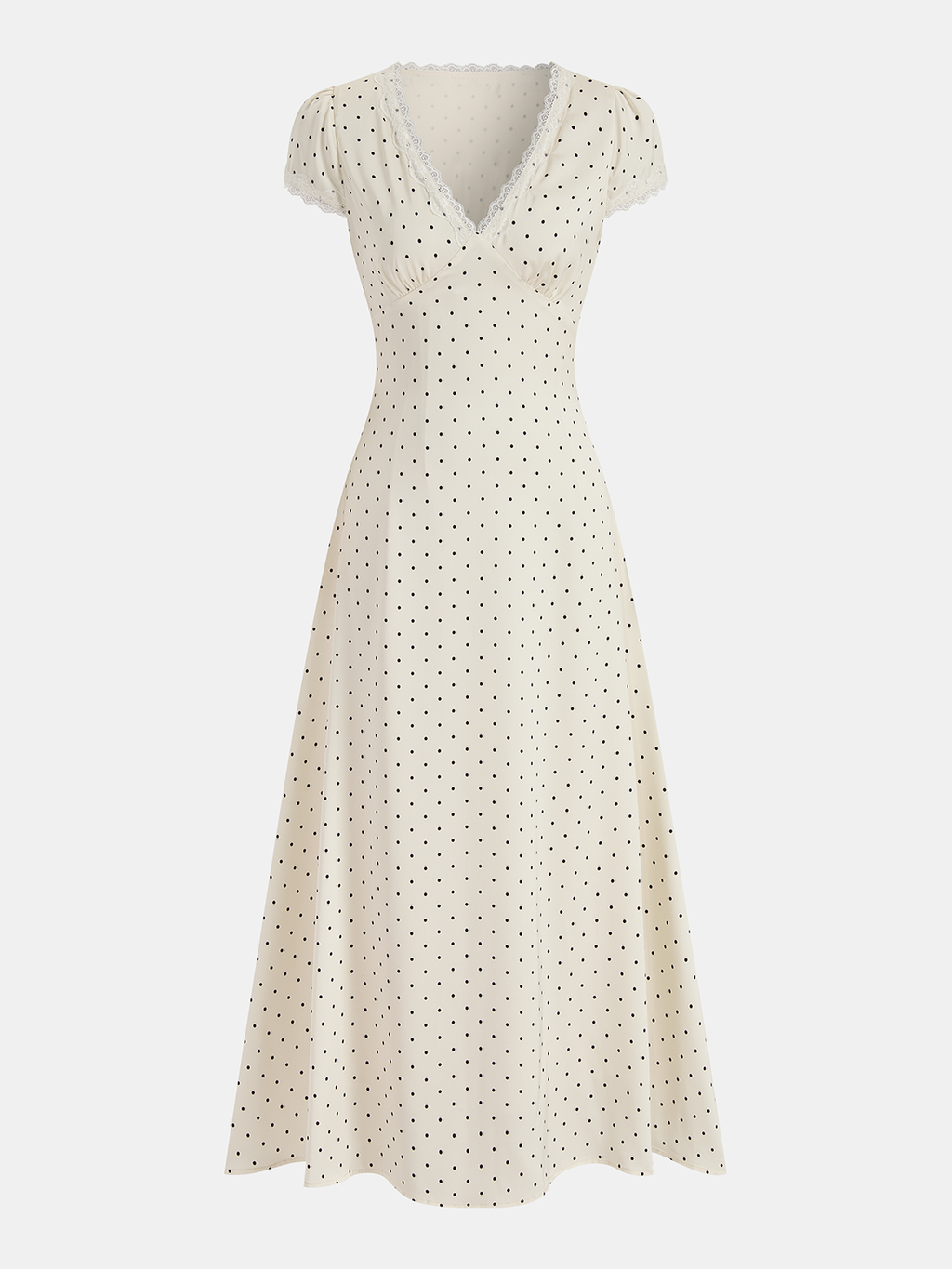 Polka Dot Lace Trim Midi Dress with Ruffle Detail