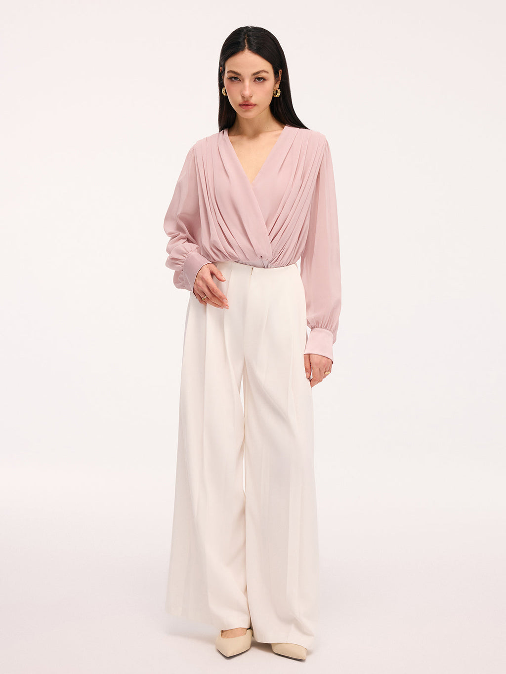 Pleated Deep V-Neck Long Sleeve Bodysuit with Stretch Fit Closure