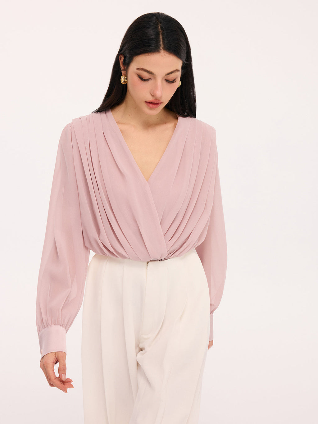 Pleated Deep V-Neck Long Sleeve Bodysuit with Stretch Fit Closure