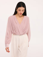 Pleated Deep V-Neck Long Sleeve Bodysuit with Stretch Fit Closure
