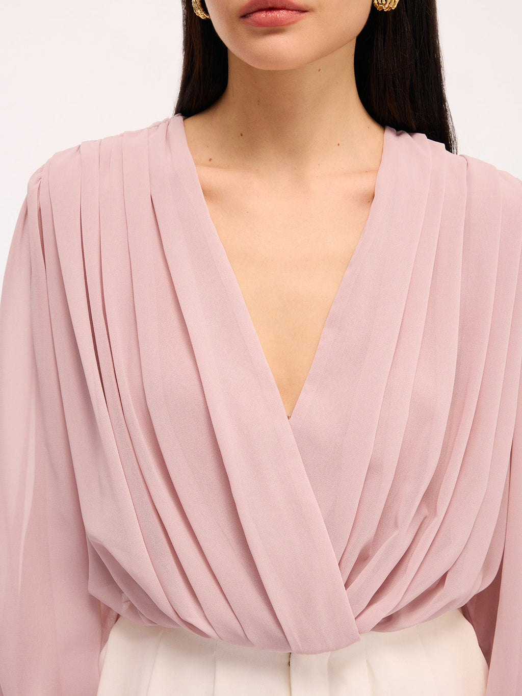 Pleated Deep V-Neck Long Sleeve Bodysuit with Stretch Fit Closure