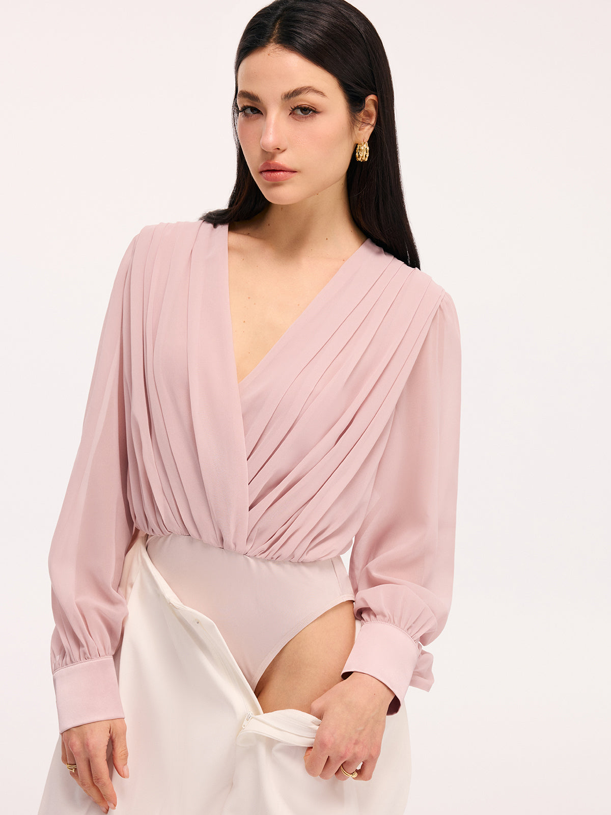 Pleated Deep V-Neck Long Sleeve Bodysuit with Stretch Fit Closure