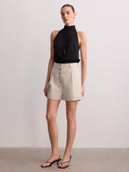 Metal Button Cotton Linen Cuffed Shorts with Adjustable Waistband