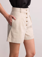 Metal Button Cotton Linen Cuffed Shorts with Adjustable Waistband