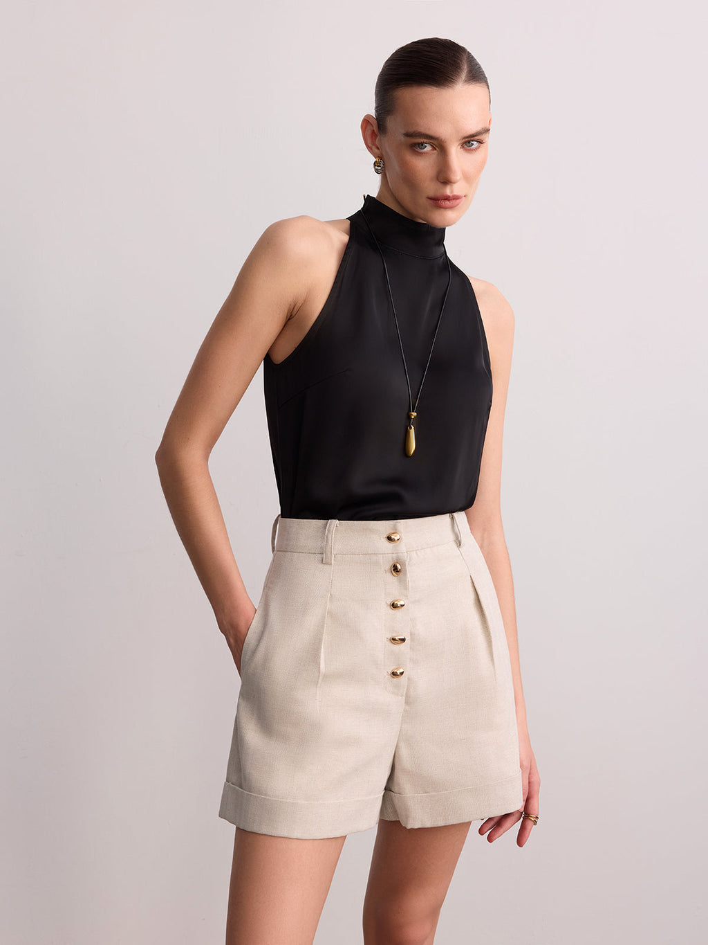 Metal Button Cotton Linen Cuffed Shorts with Adjustable Waistband