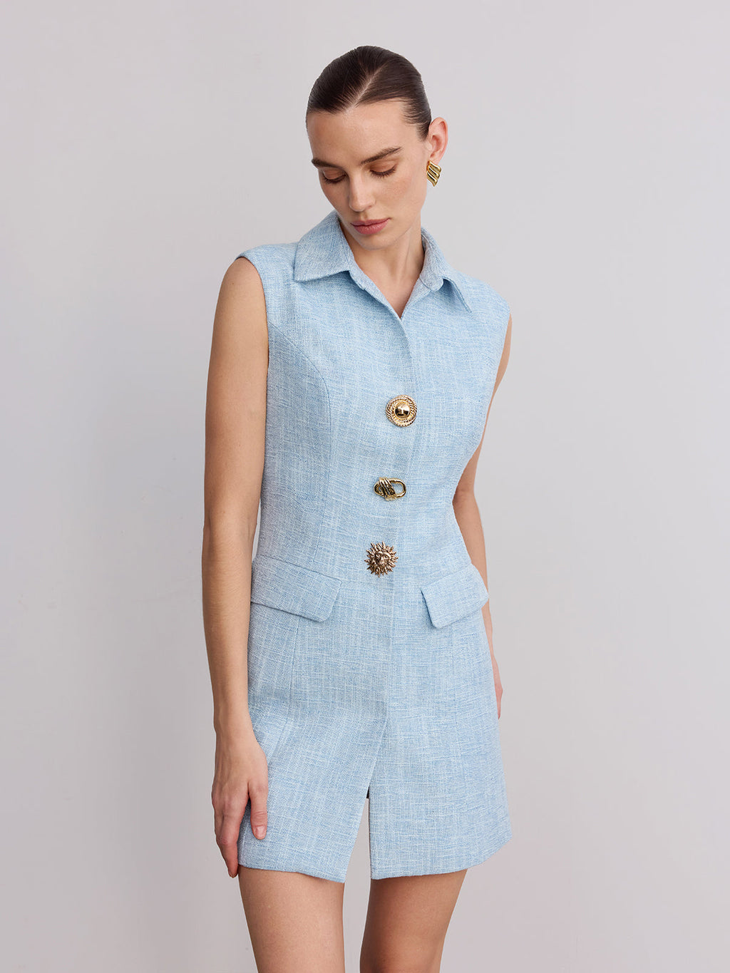 Sleeveless Collared Tweed Mini Dress, Women's Elegant Business Casual Attire