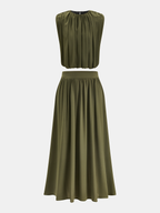 Sleeveless Pleated Top & Skirt Set for Women Stylish Casual Wear