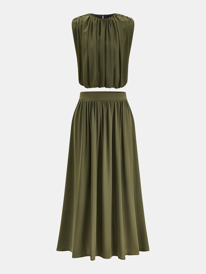 Sleeveless Pleated Top & Skirt Set for Women Stylish Casual Wear