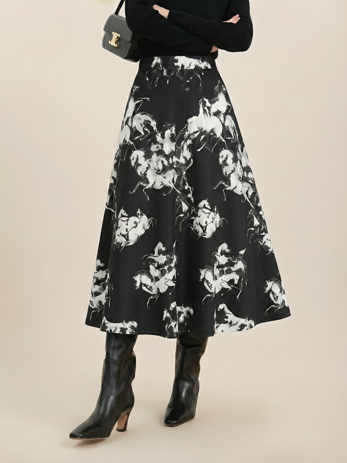 Ink Horse Print A-Line Midi Skirt for Women Casual Wear