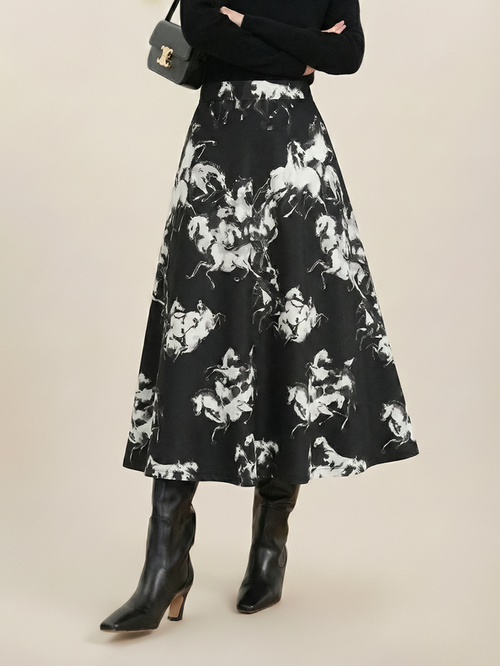 Ink Horse Print A-Line Midi Skirt for Women Casual Wear