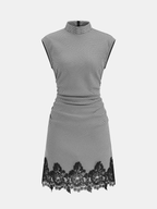 Lace Hem Gingham Sleeveless High Neck Mini Dress Summer Trendy Casual