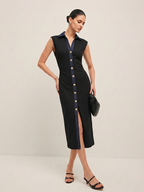 Denim Panel Sleeveless Buttoned Casual Summer Midi Dress