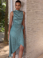 Scallop-Print Sleeveless Mock Neck Wrap Midi Dress for Women Spring/Summer Collection