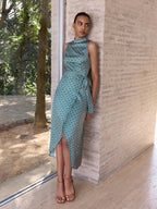 Scallop-Print Sleeveless Mock Neck Wrap Midi Dress for Women Spring/Summer Collection