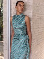 Scallop-Print Sleeveless Mock Neck Wrap Midi Dress for Women Spring/Summer Collection