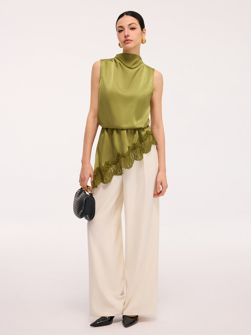 Lace Trim Satin Sleeveless Blouse Elegant Casual Summer Top