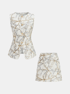 Printed Metal Button Vest & Mini Skirt Set with Trendy Patterns