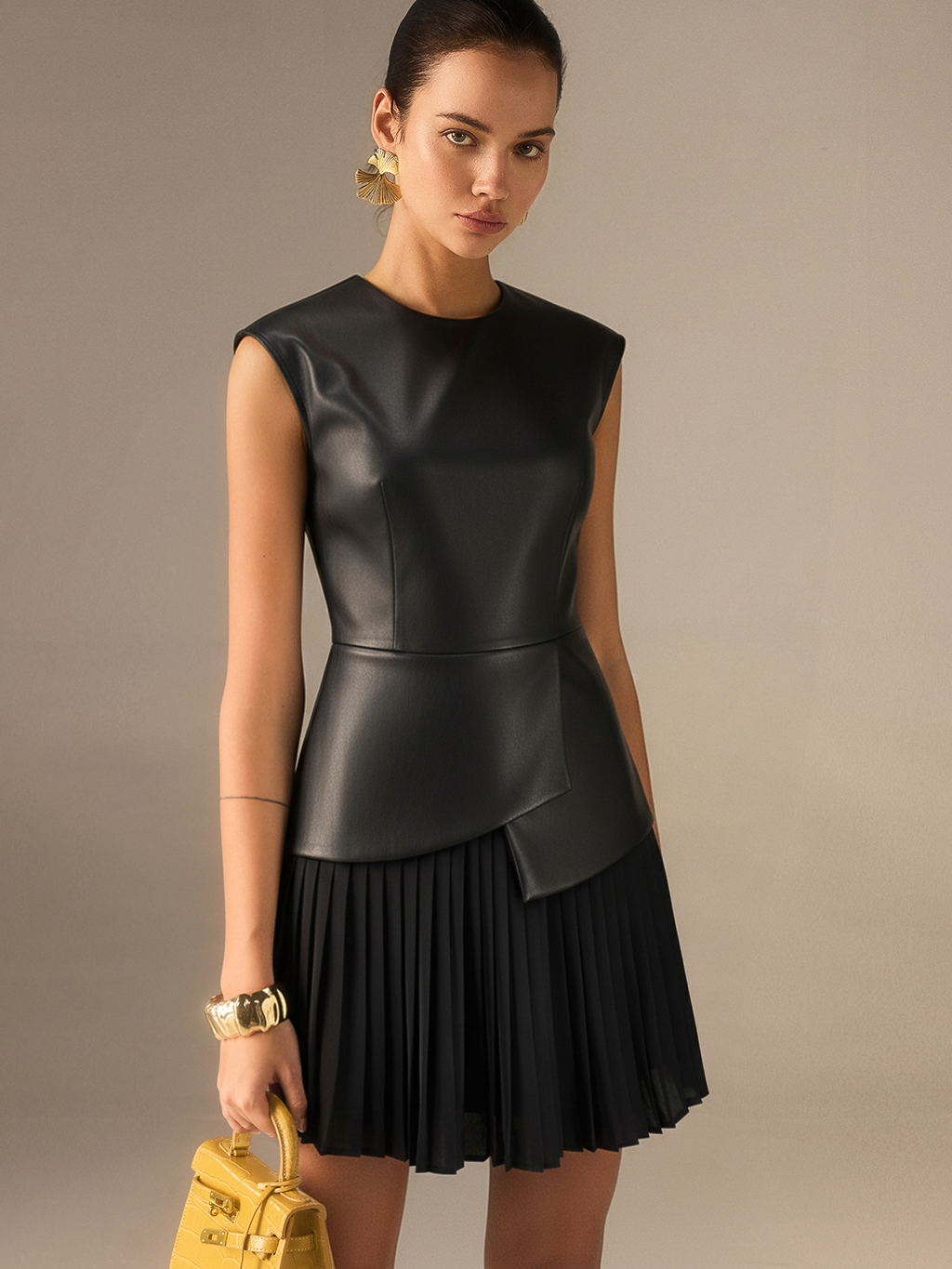 Pleated Panel Sleeveless PU Leather Dress for Women Classic Style