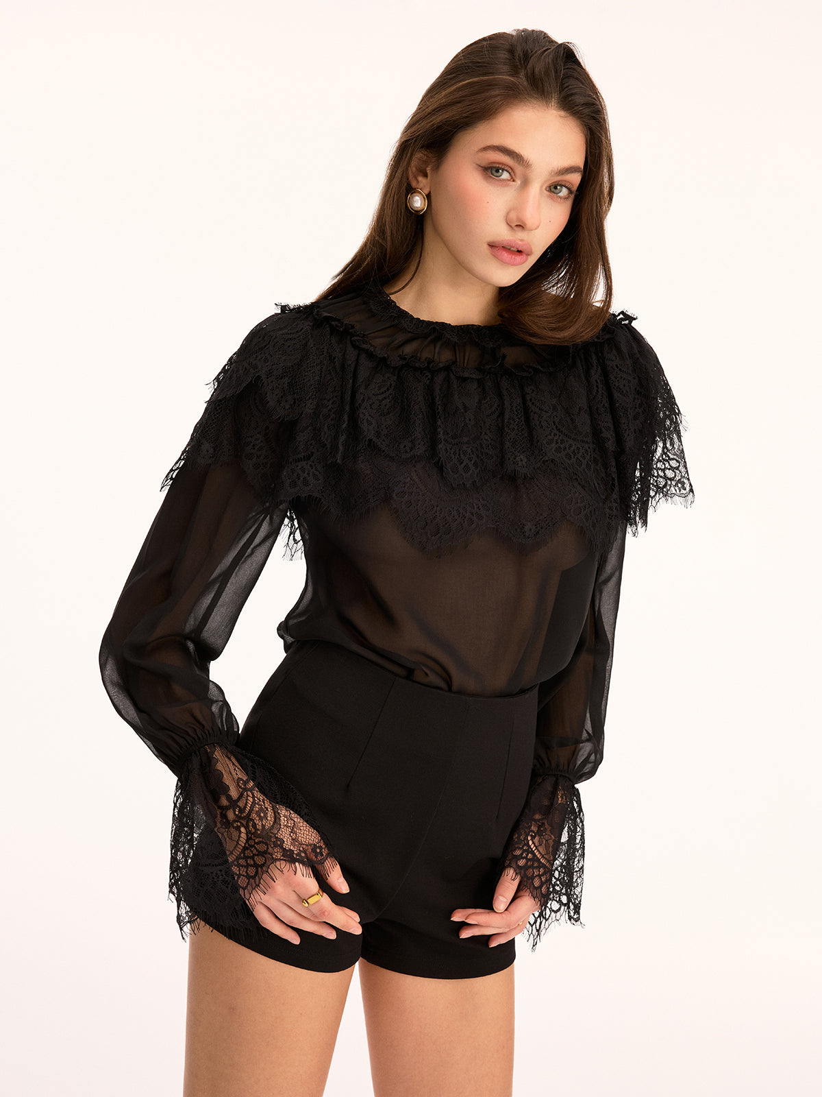 Lace Trim Sheer Long Sleeve Blouse with Elegant Button Cuffs