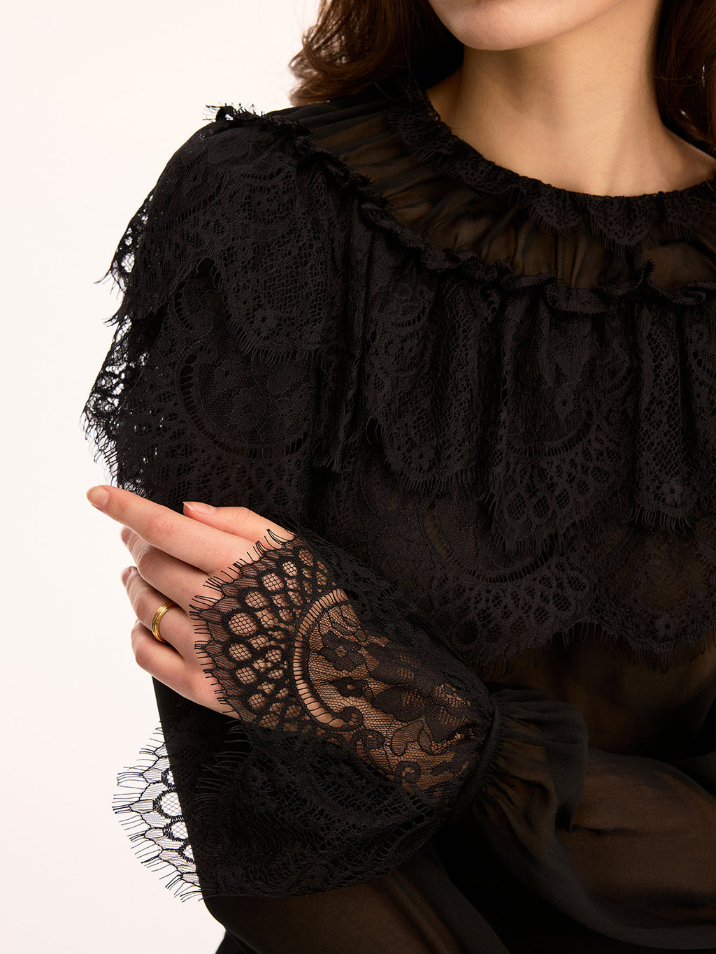 Lace Trim Sheer Long Sleeve Blouse with Elegant Button Cuffs