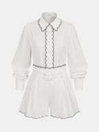 Cotton Scallop Trim Shirt & Shorts Set for Summer Comfort