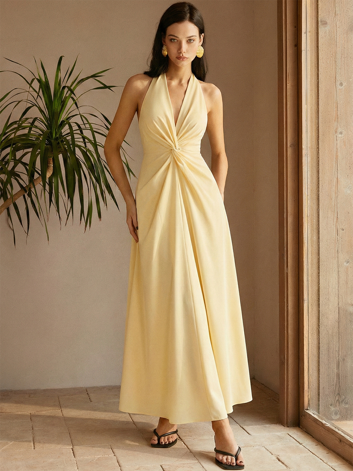 Halter Neck Twisted Waist Maxi Dress for Formal Events