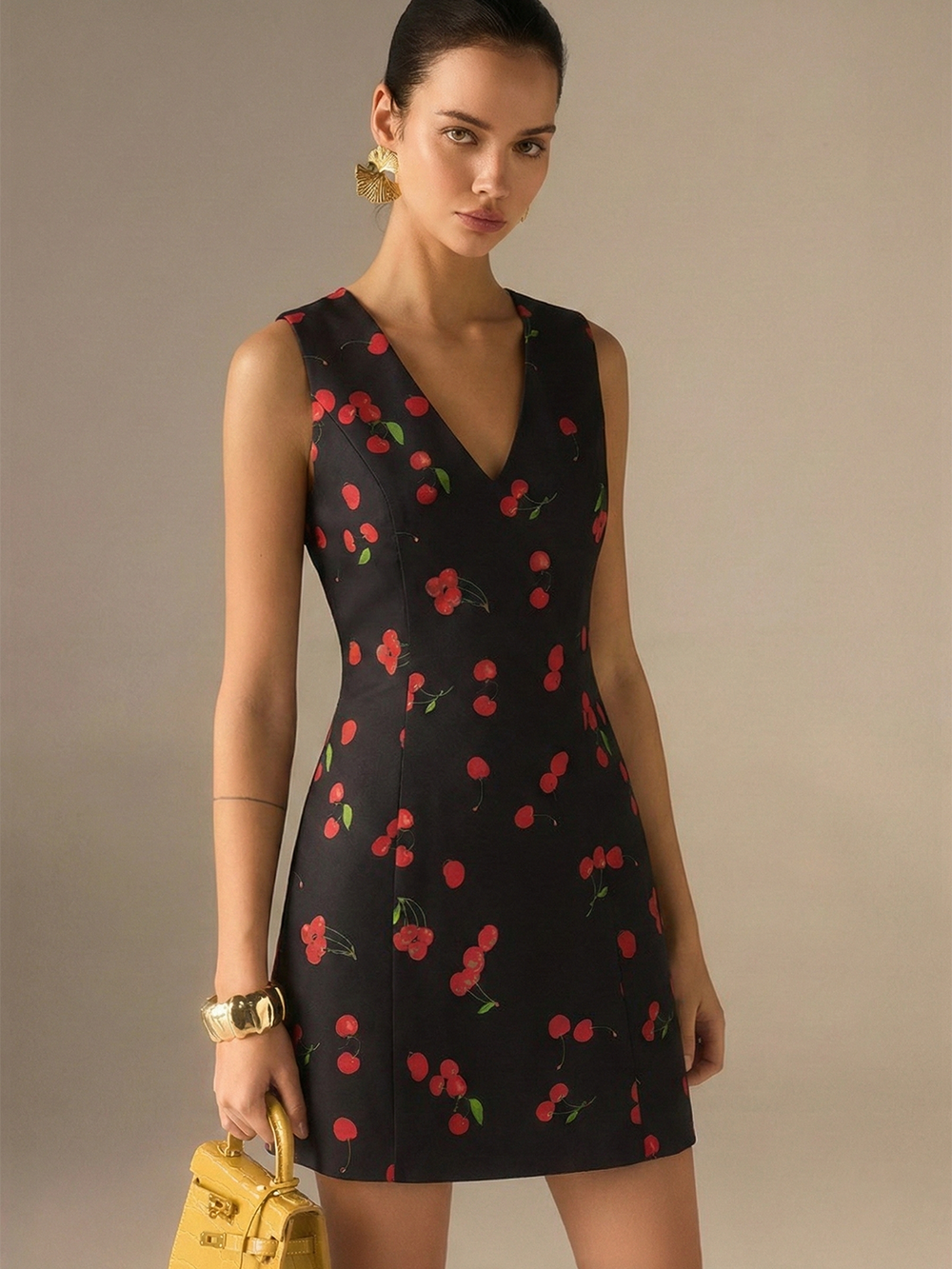 "Cherry Print Sleeveless V-Neck Mini Dress Women's Summer Fashion"